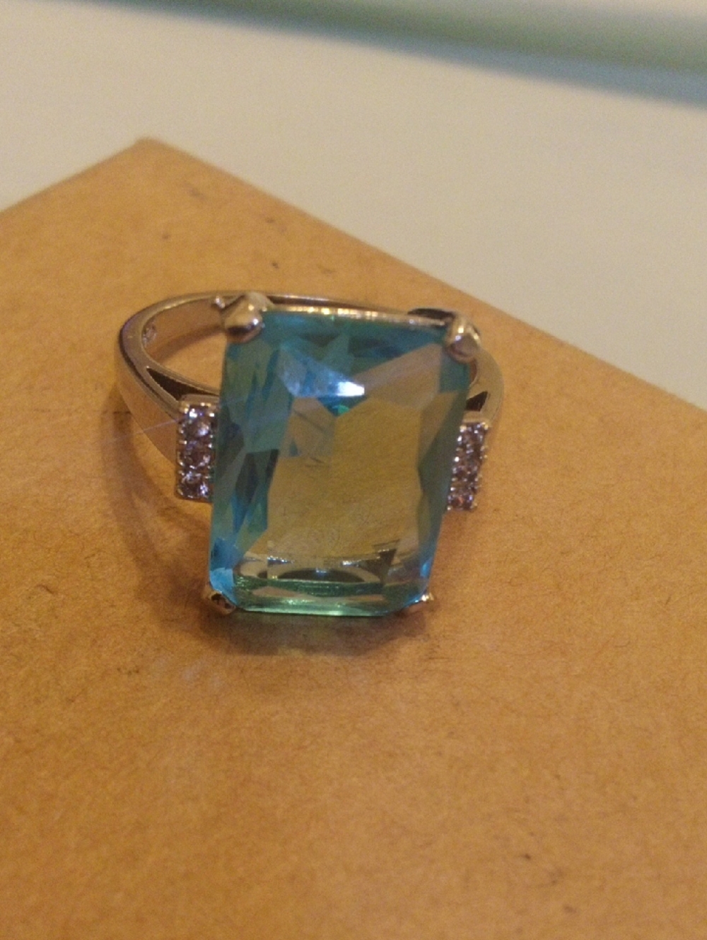 Silver-Tone Blue Green Rectangular Gemstone Ring